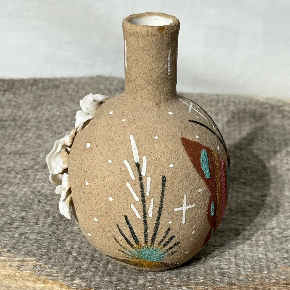 Native American Bud Vase Textured Sand Glaze Sculptured Flowers Butterfly Signed